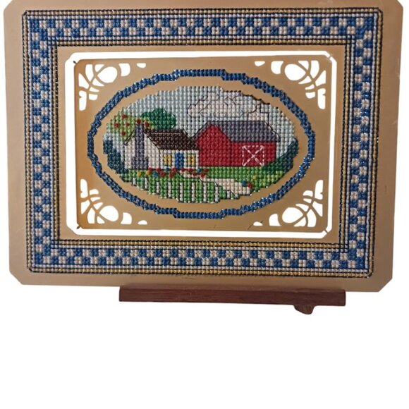 Vintage Needlepoint Embroidered Directly On Metal/Brass Country Farmhouse - Picture 1 of 9